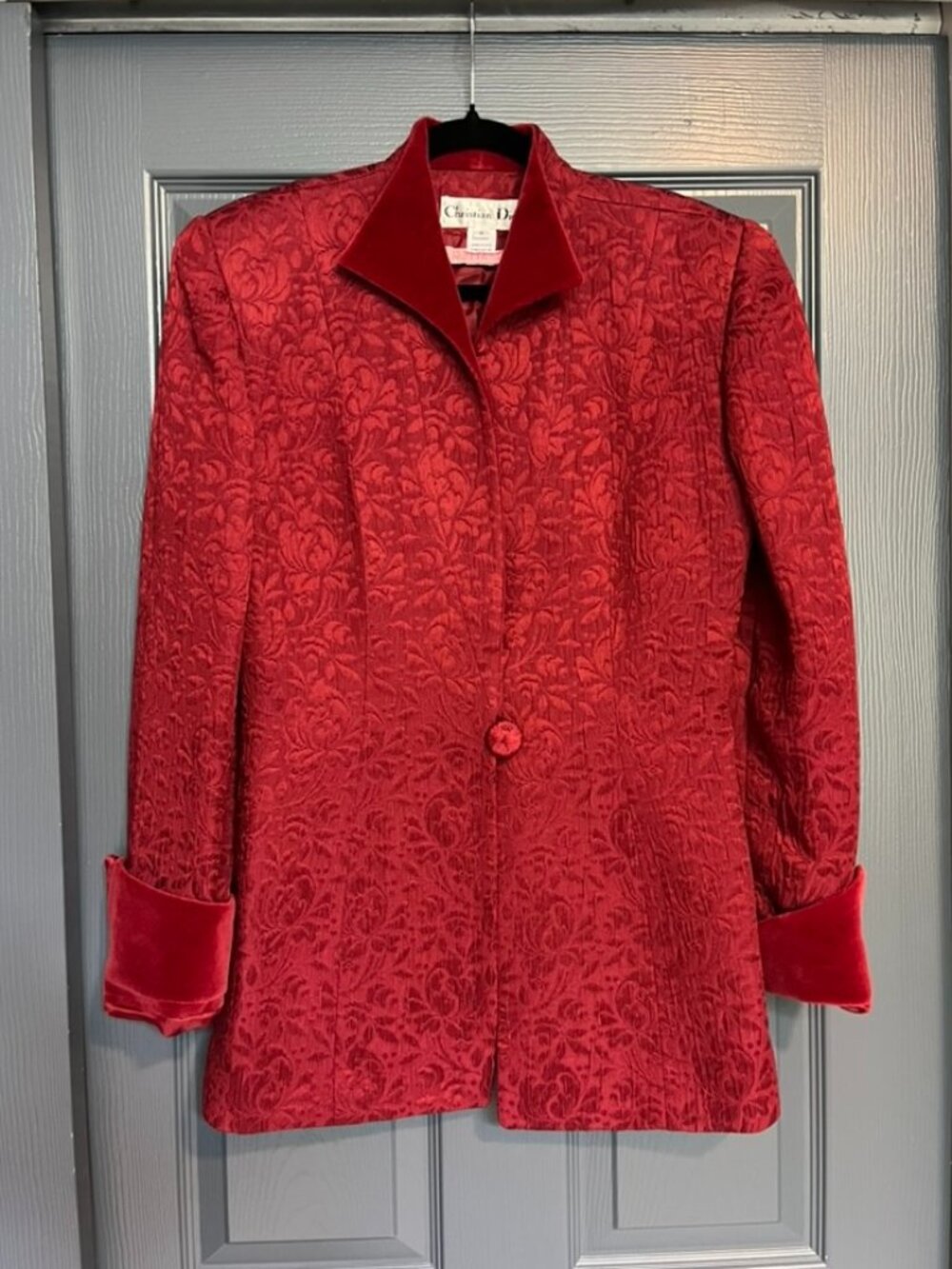 Rare Vintage Christian Dior Red Tapestry Jacquard Velvet Trim Blazer